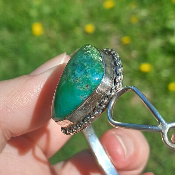 Vintage Sterling Silver & Chrysocolla Stone Hook Clasp Reygo 925 Mexico Bangle - Picture 9 of 13